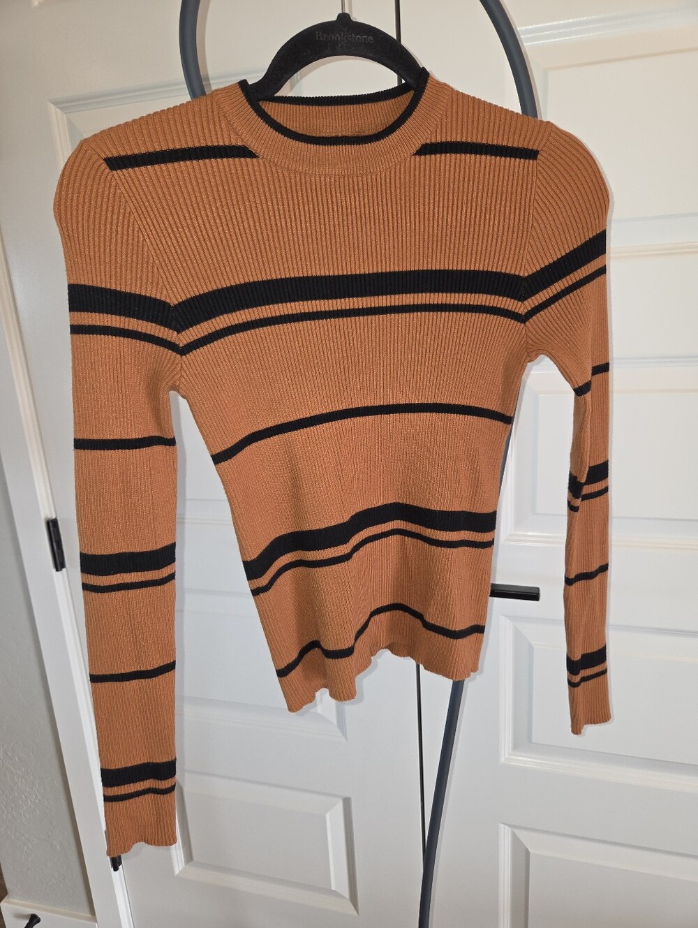 Forever 21 Rust and Black Striped Ribbed Crew Sweater